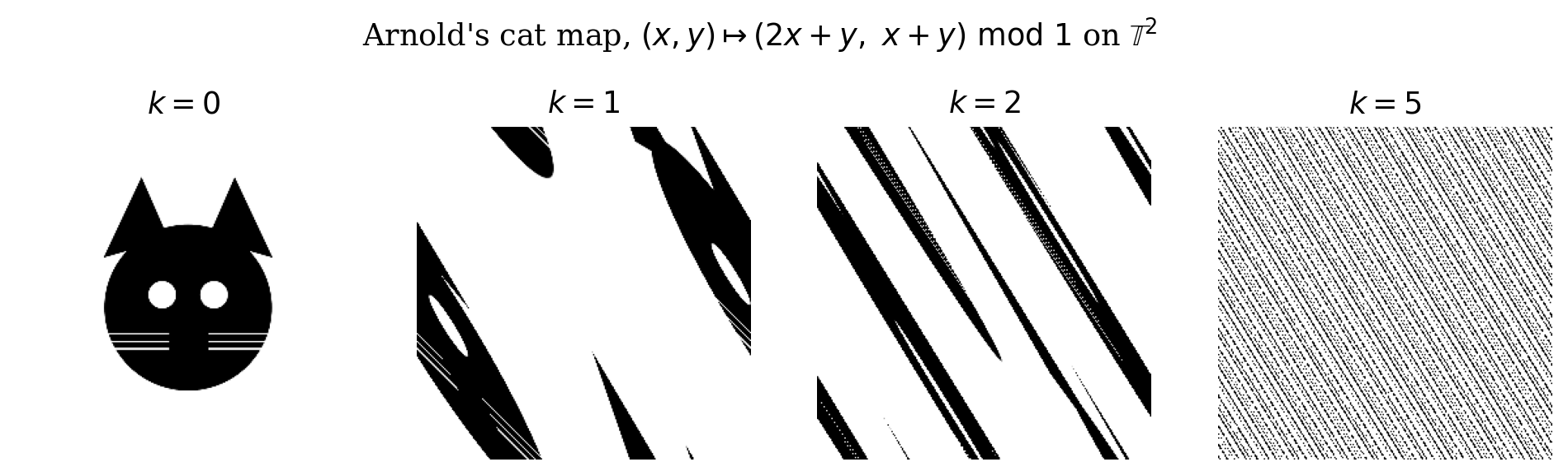 Arnold's cat map applied repeatedly to an image on the torus, smearing it across the whole space.