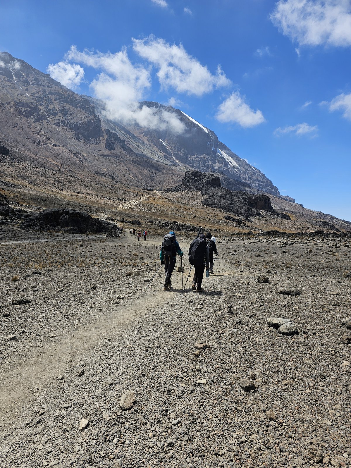Hikers walking a gravel trail toward Kilimanjaro's snowy flank
